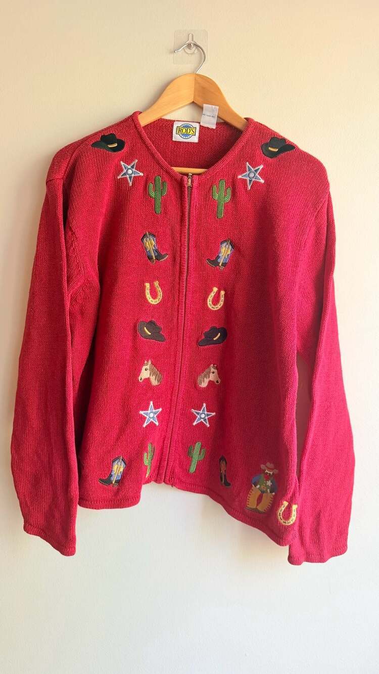 Rod's Western Embroidered Zip-Up Cardigan Sweater Red Size L